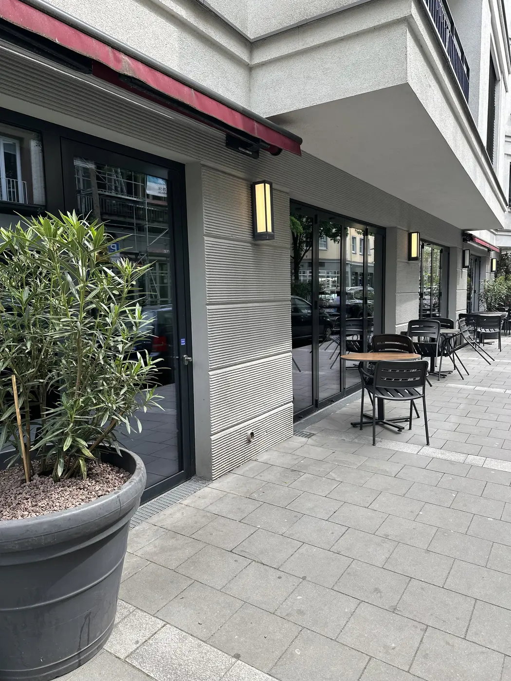 Gepflegter Außenbereich mit Pflanzkübel bei L'Osteria Düsseldorf